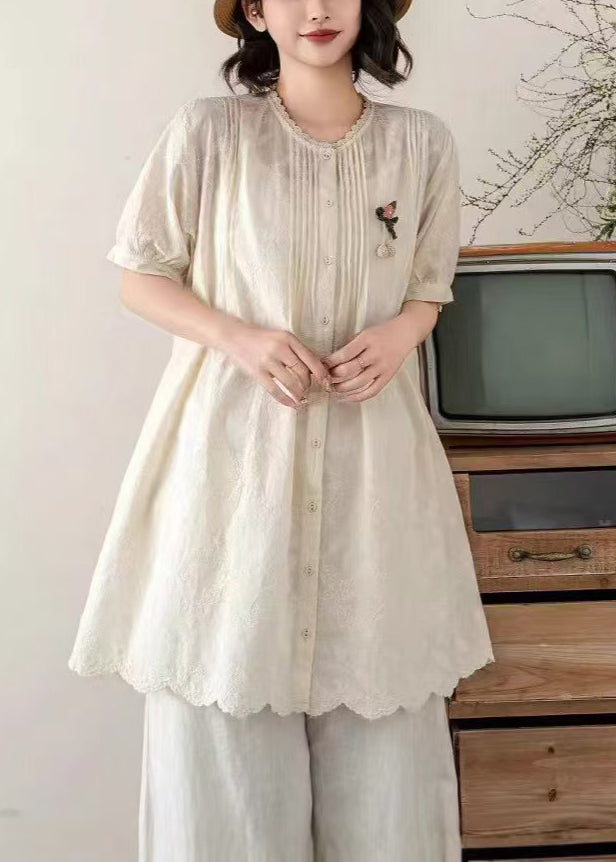 Beige Cotton A Line Tops Embroidered Wrinkled Summer