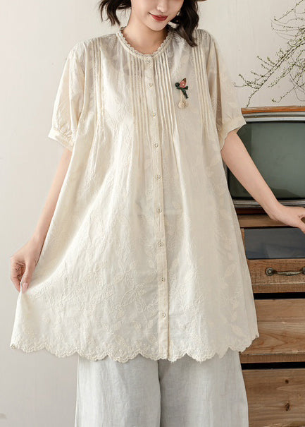 Beige Cotton A Line Tops Embroidered Wrinkled Summer
