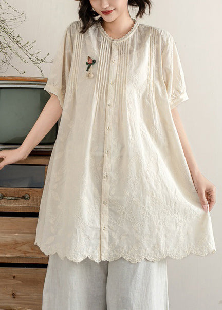 Beige Cotton A Line Tops Embroidered Wrinkled Summer