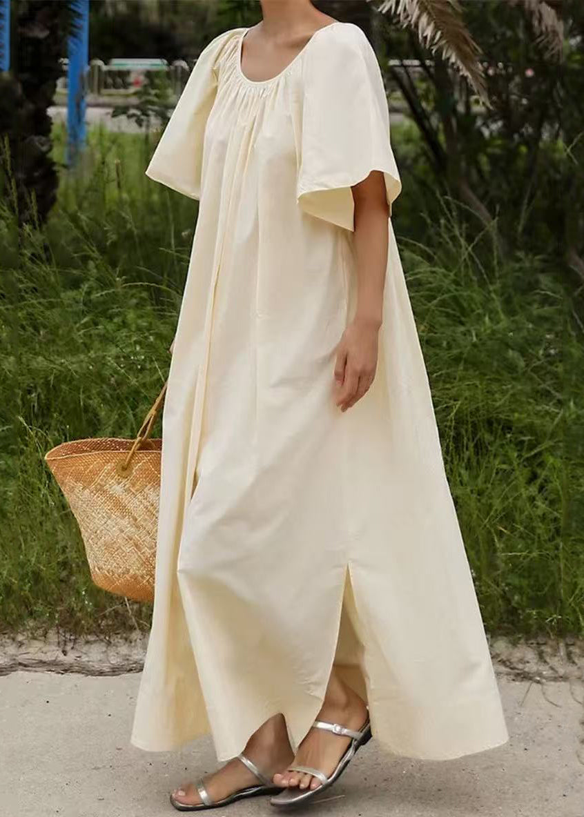 Beige Cotton Dresses O-Neck Side Open Lace Up Short Sleeve