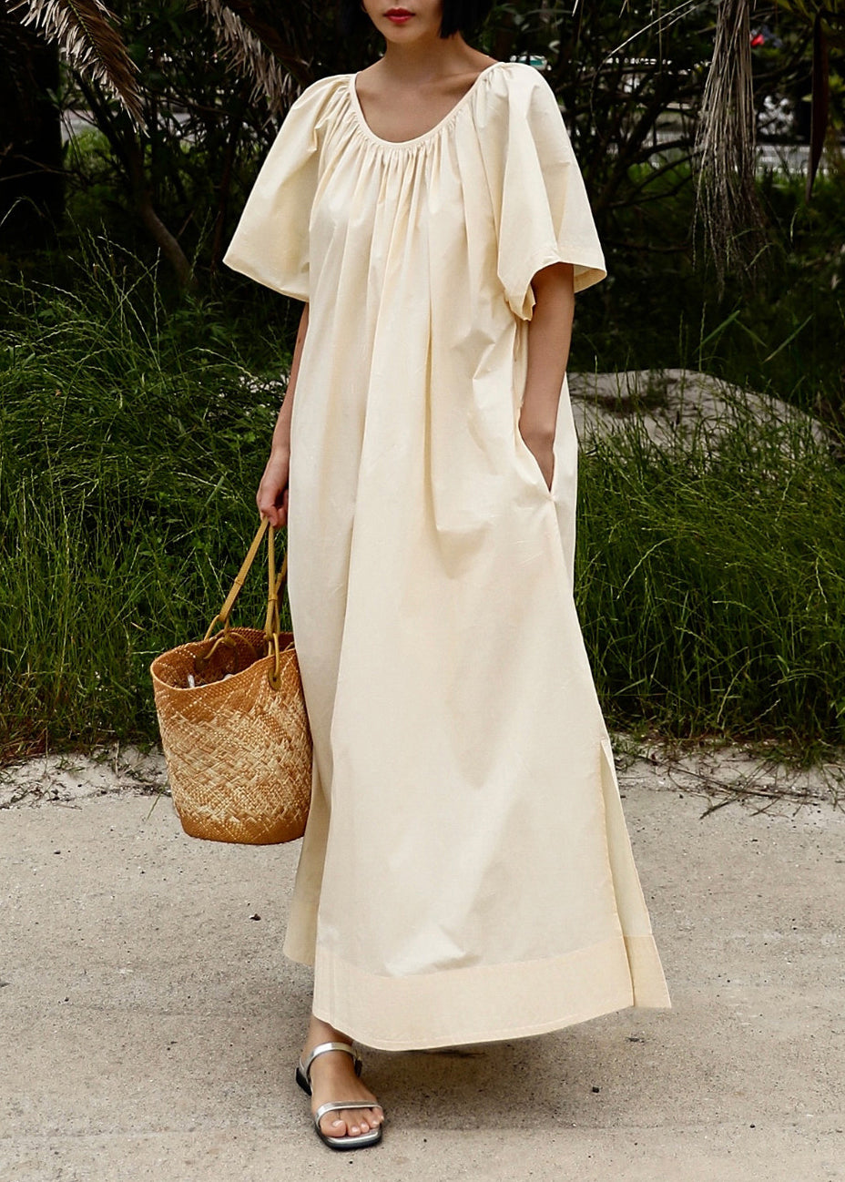 Beige Cotton Dresses O-Neck Side Open Lace Up Short Sleeve