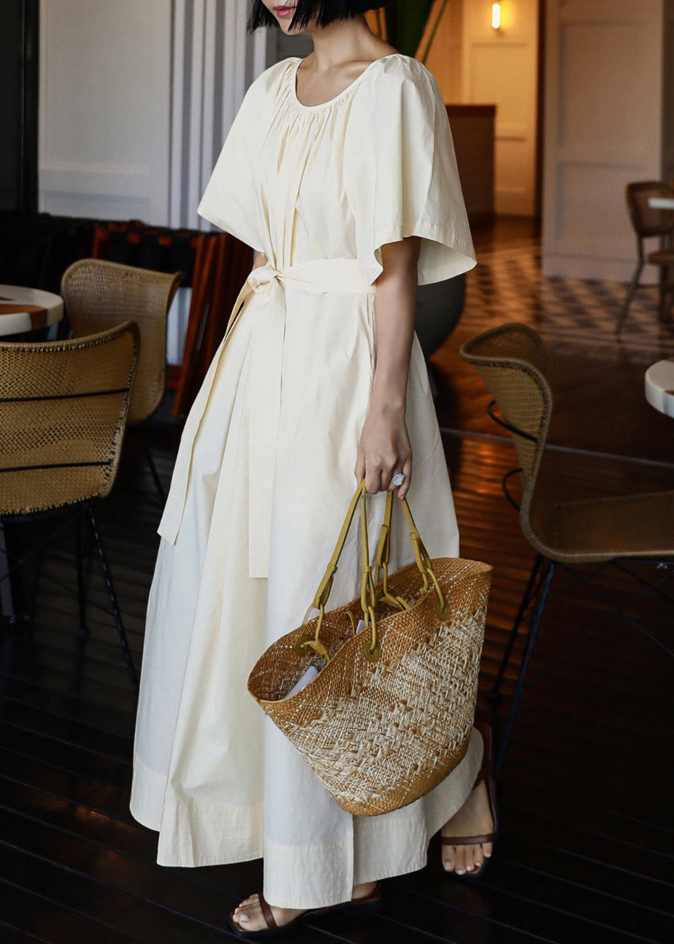 Beige Cotton Dresses O-Neck Side Open Lace Up Short Sleeve