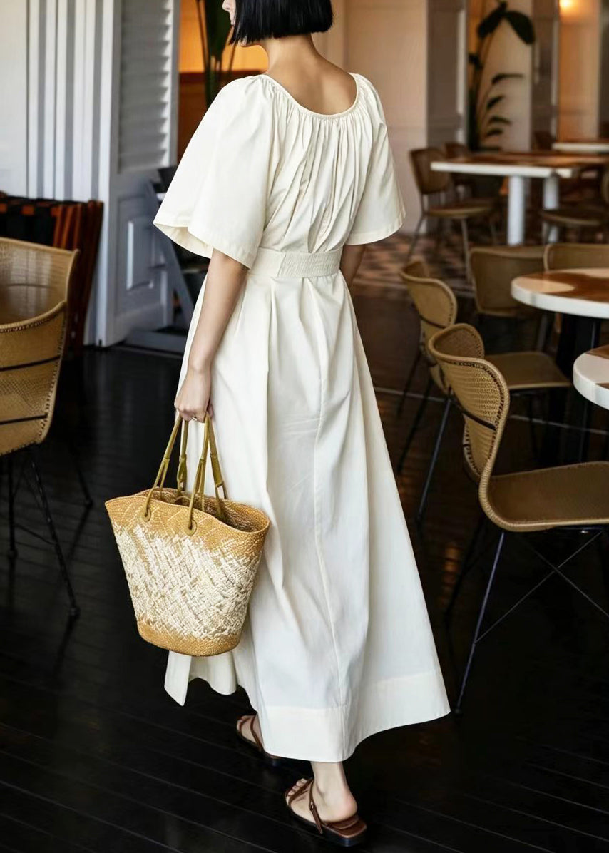 Beige Cotton Dresses O-Neck Side Open Lace Up Short Sleeve