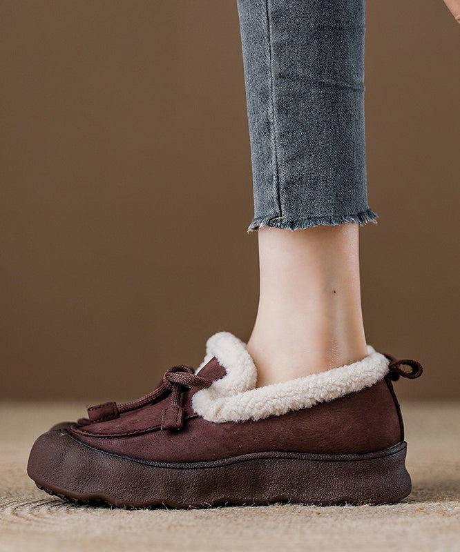 Beige Cowhide Leather Splicing Flat Feet Shoes Fuzzy Wool Lined