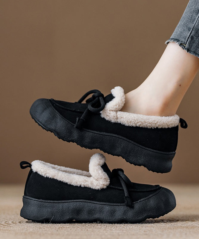 Beige Cowhide Leather Splicing Flat Feet Shoes Fuzzy Wool Lined