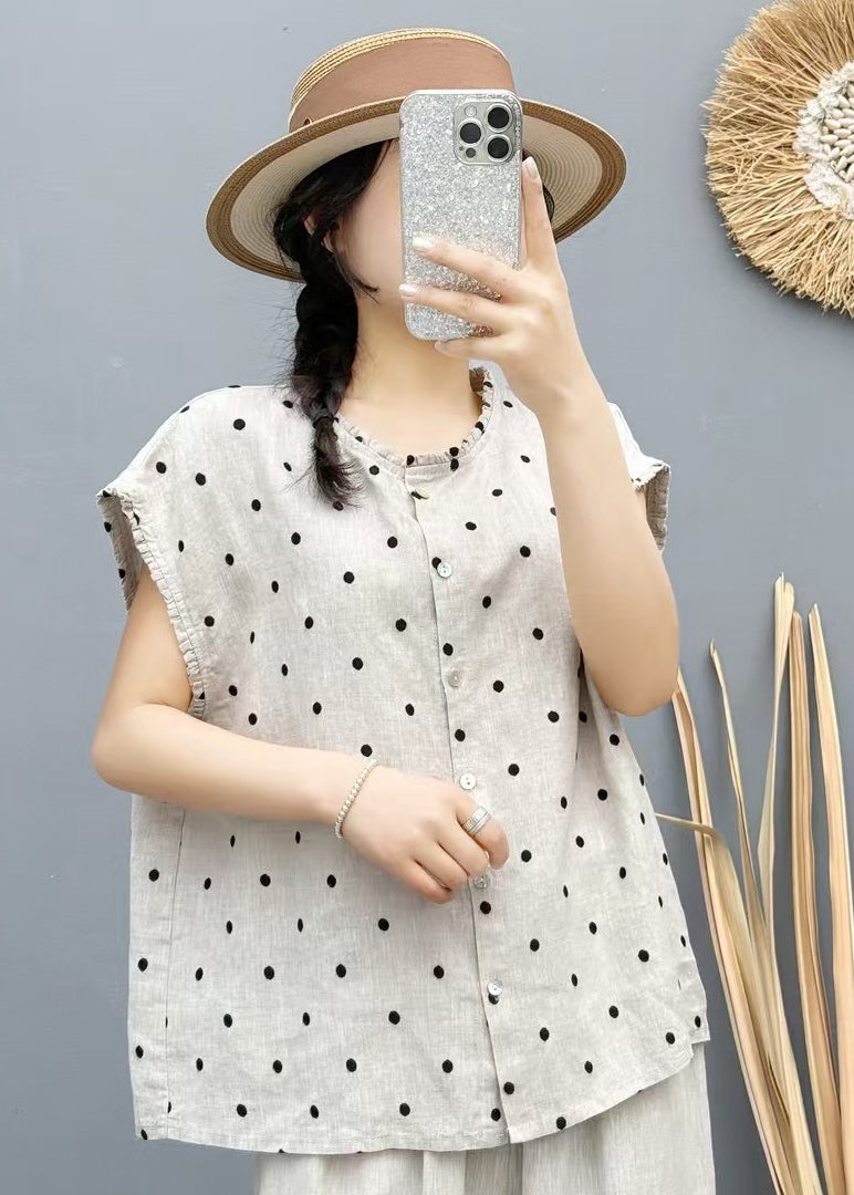 Beige Dot Linen Beach Vest Oversized Sleeveless