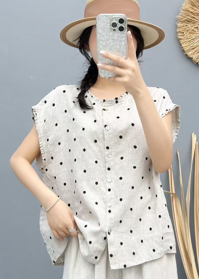 Beige Dot Linen Beach Vest Oversized Sleeveless