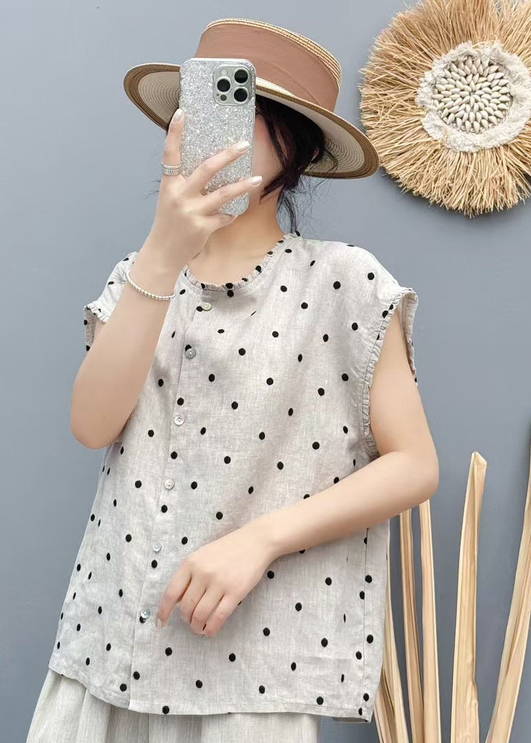 Beige Dot Linen Beach Vest Oversized Sleeveless