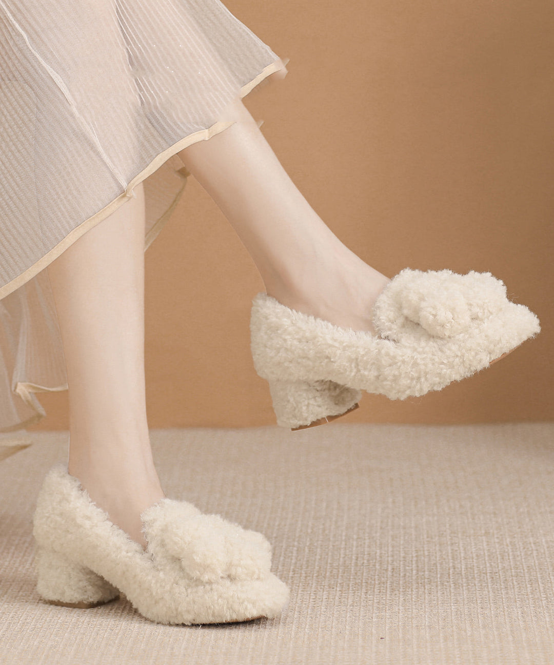 Beige Faux Fur Chic Splicing Chunky High Heels Fuzzy Wool Lined