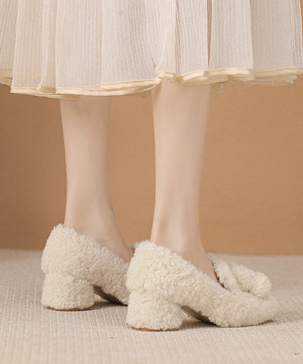 Beige Faux Fur Chic Splicing Chunky High Heels Fuzzy Wool Lined