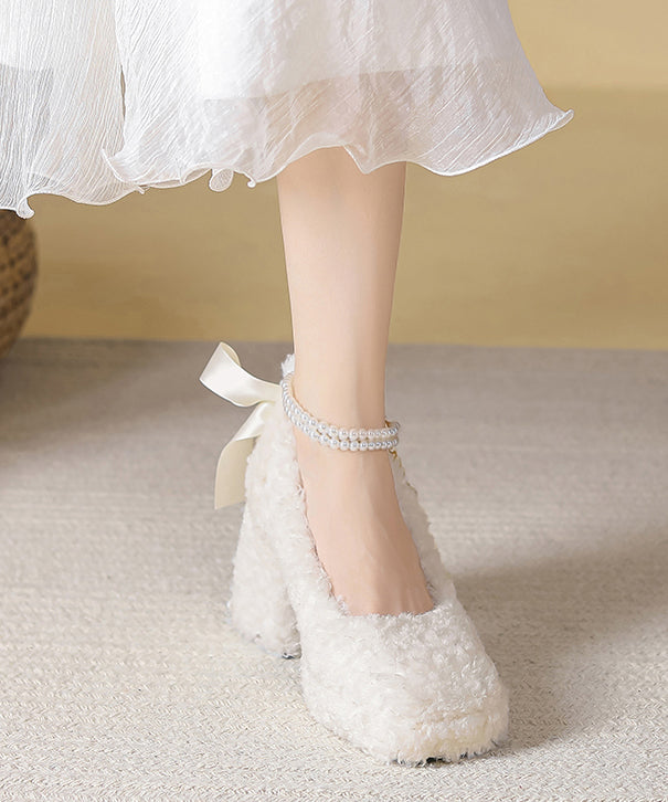 Beige Faux Fur Chunky High Heels Splicing Fuzzy Wool Lined