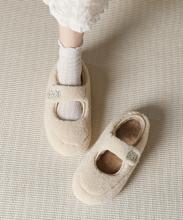 Beige Faux Fur Splicing Flat Shoes Women Fuzzy Wool Lined