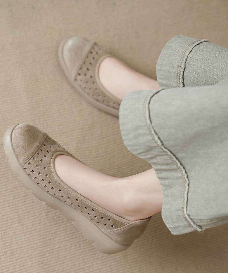 Beige Flat Shoes For Women Sheepskin Retro Hollow Out Flat Shoes