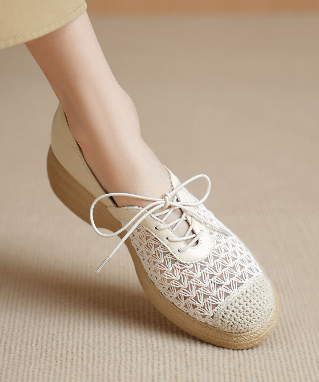 Beige Flat Shoes Sheepskin Boutique Splicing Flat Shoes For Women