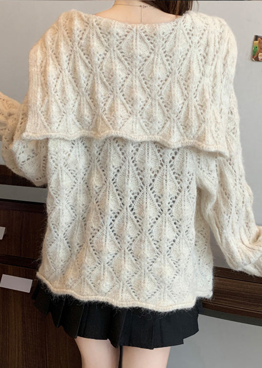 Beige Floral Button Cozy Knit Cardigan Tops Hollow Out