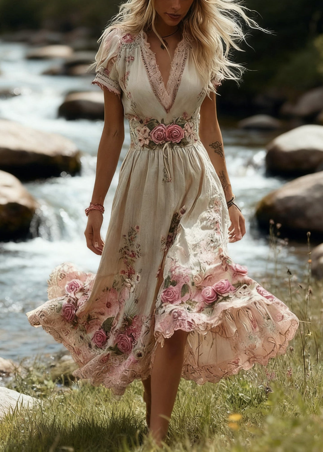 Beige Floral High Waist Patchwork Cotton Long Dress V Neck Summer