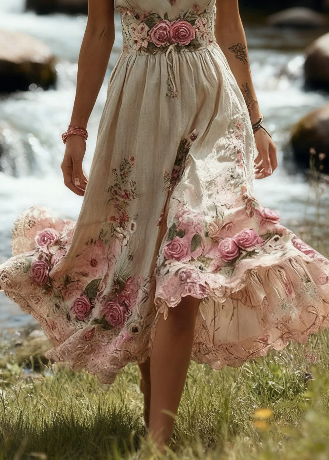 Beige Floral High Waist Patchwork Cotton Long Dress V Neck Summer