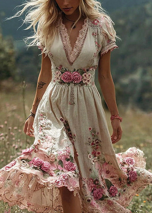Beige Floral High Waist Patchwork Cotton Long Dress V Neck Summer