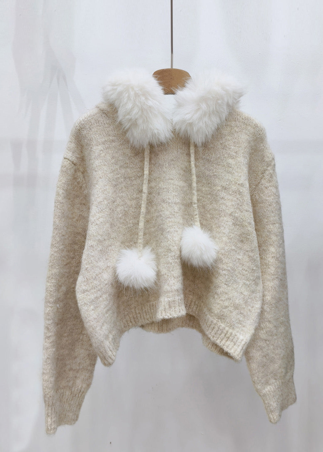 Beige Fuzzy Ball Decorated Hooded Cotton Knit Sweater Tops Winter