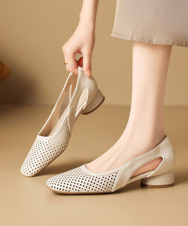 Beige Hollow Out Chunky Faux Leather Stylish Splicing Sandals