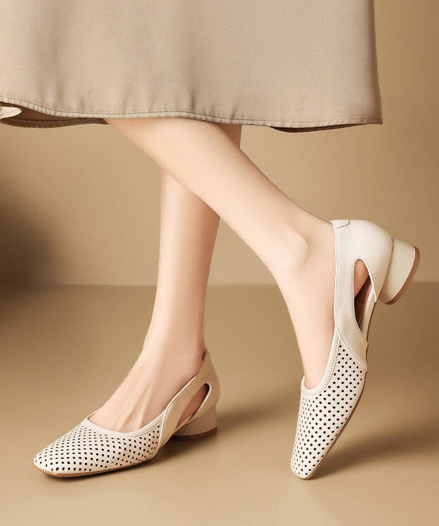 Beige Hollow Out Chunky Faux Leather Stylish Splicing Sandals