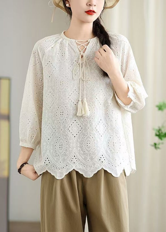 Beige Hollow Out Cotton Shirt Top Lace Up Bracelet Sleeve