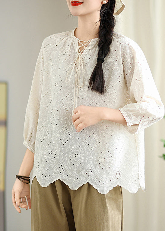 Beige Hollow Out Cotton Shirt Top Lace Up Bracelet Sleeve
