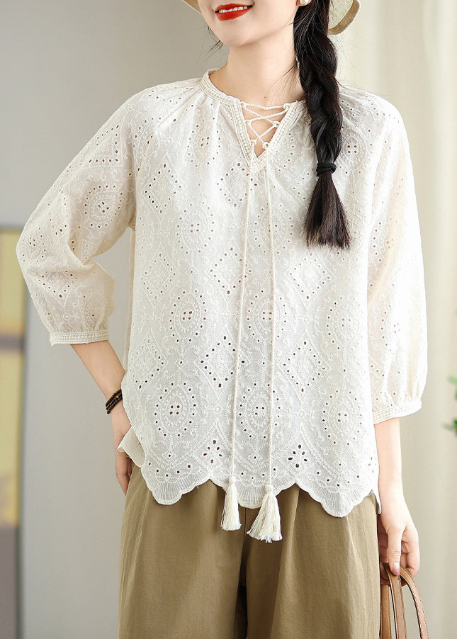 Beige Hollow Out Cotton Shirt Top Lace Up Bracelet Sleeve