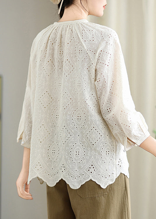 Beige Hollow Out Cotton Shirt Top Lace Up Bracelet Sleeve