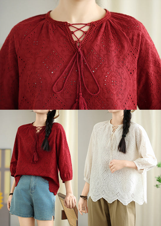 Beige Hollow Out Cotton Shirt Top Lace Up Bracelet Sleeve
