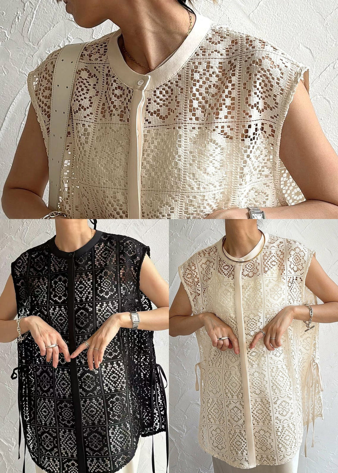 Beige Hollow Out Lace Vests Oversized Lace Up Sleeveless
