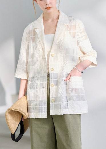 Beige Hollow Out Linen Silk Blouse Top Oversized Summer