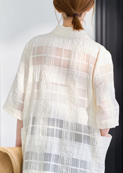 Beige Hollow Out Linen Silk Blouse Top Oversized Summer