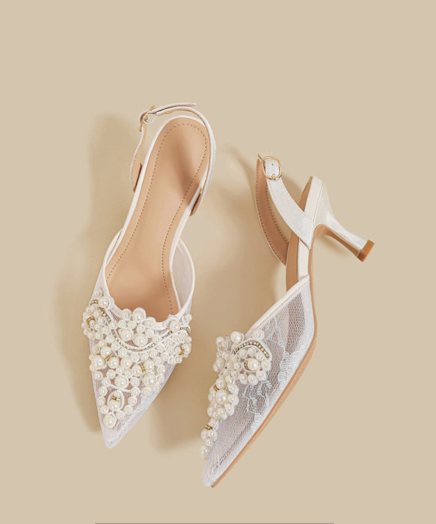 Beige Lace Breathable Nail Bead Splicing High Heels Sandals