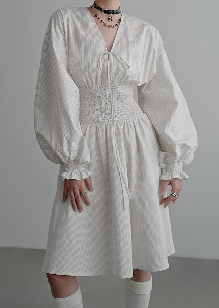 Beige Lace Up High Waist Cotton Dress V Neck Butterfly Sleeve