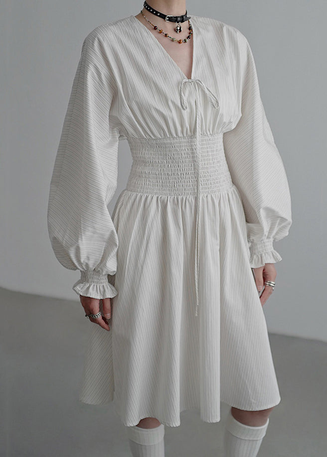 Beige Lace Up High Waist Cotton Dress V Neck Butterfly Sleeve