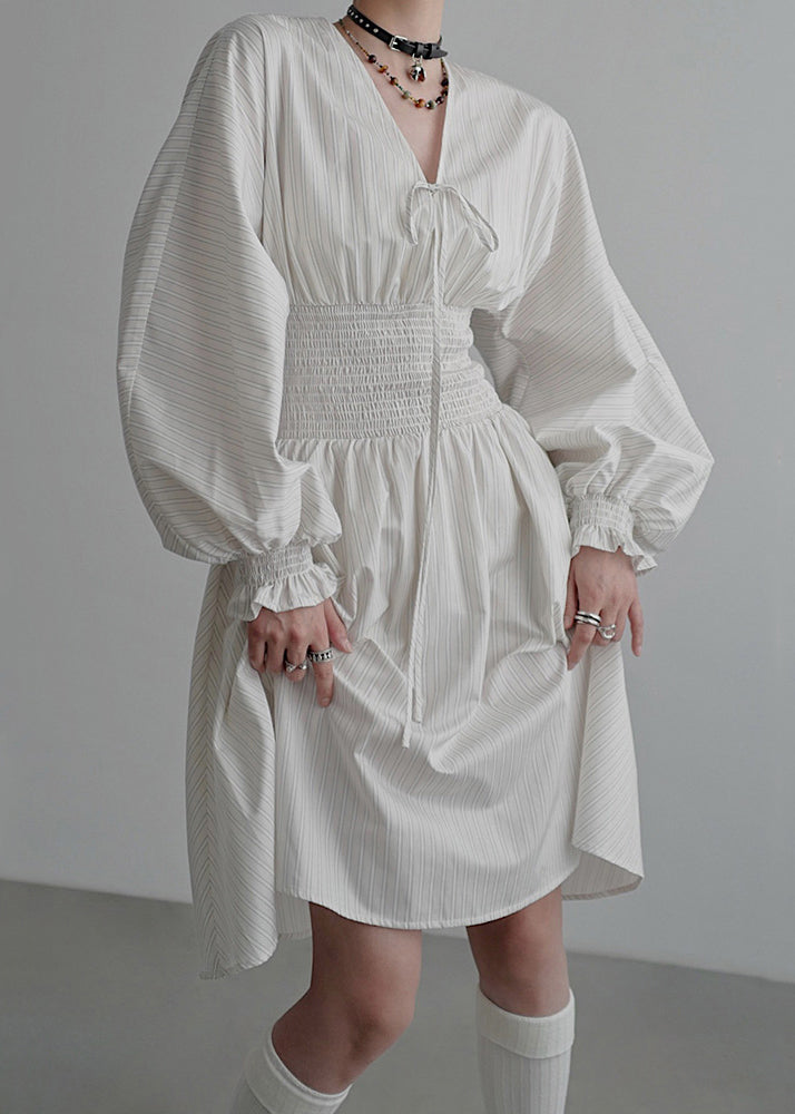 Beige Lace Up High Waist Cotton Dress V Neck Butterfly Sleeve