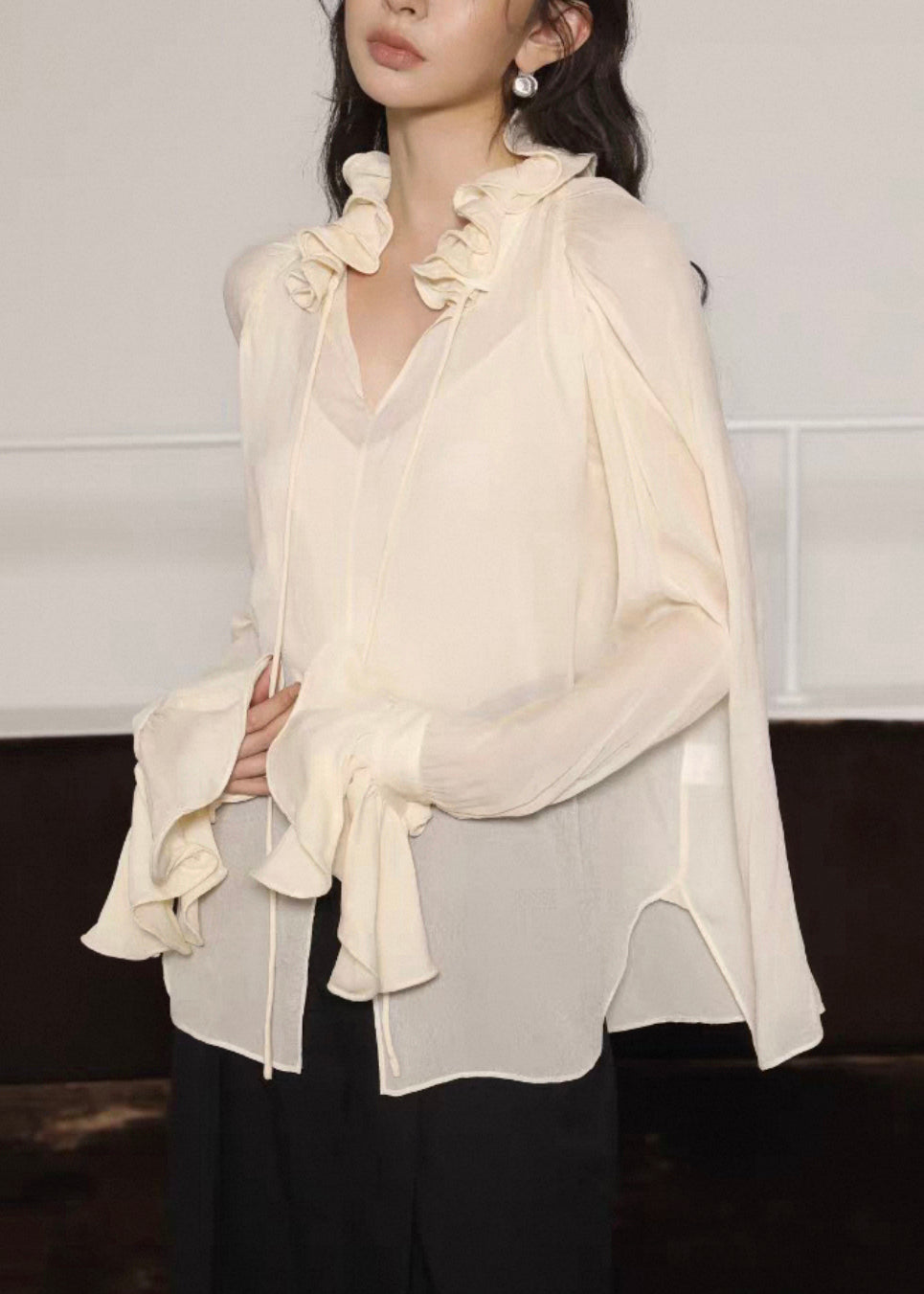 Beige Lace Up Side Open Silk Cotton Blouses Ruffled Flare Sleeve