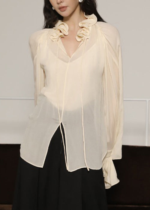 Beige Lace Up Side Open Silk Cotton Blouses Ruffled Flare Sleeve