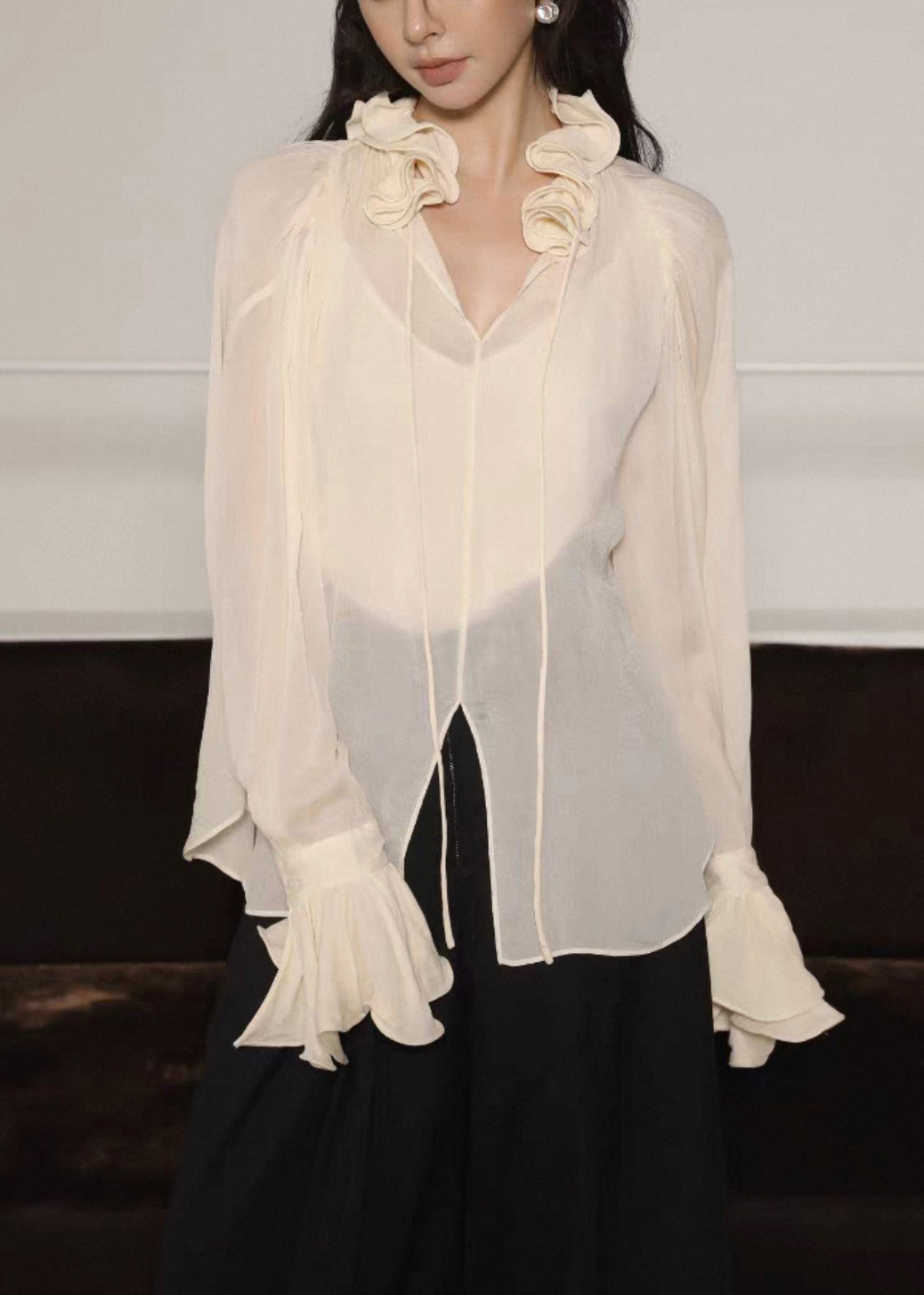 Beige Lace Up Side Open Silk Cotton Blouses Ruffled Flare Sleeve