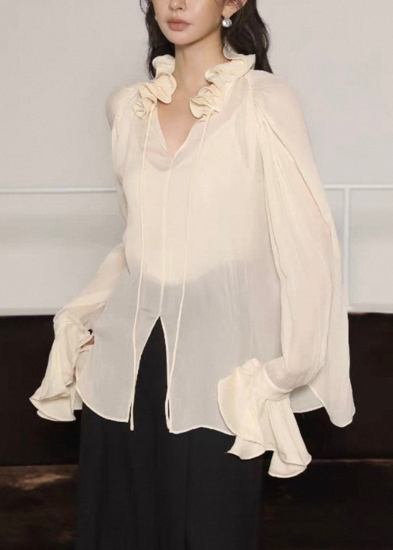 Beige Lace Up Side Open Silk Cotton Blouses Ruffled Flare Sleeve