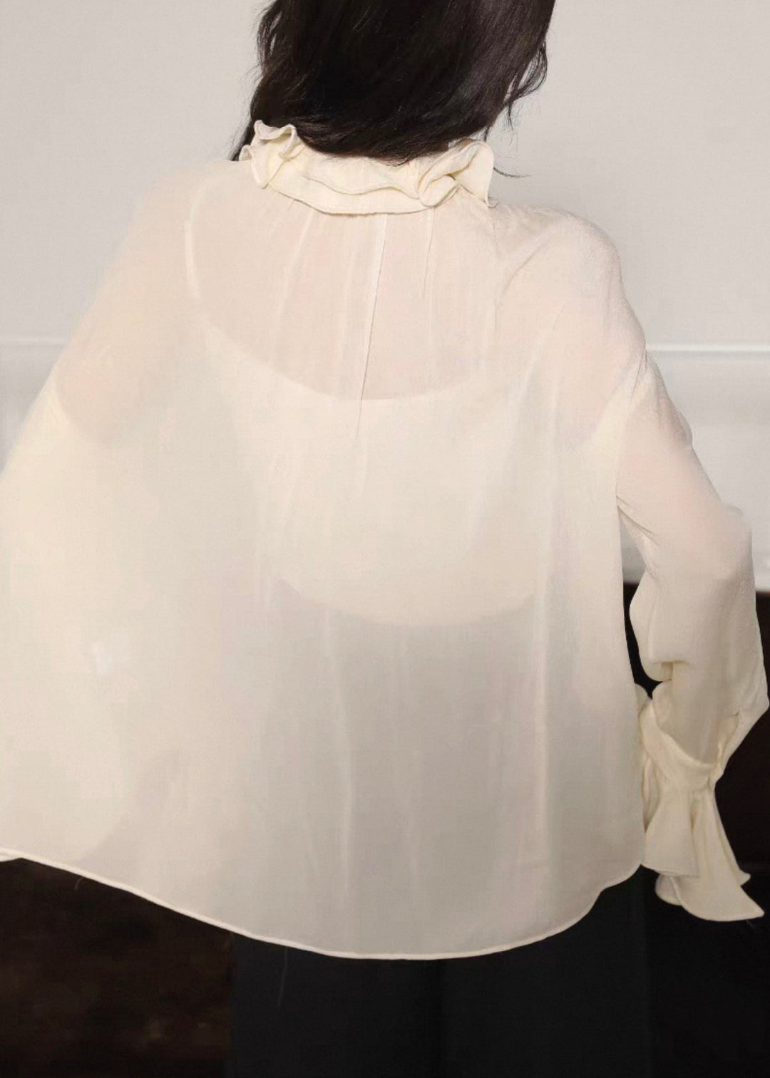 Beige Lace Up Side Open Silk Cotton Blouses Ruffled Flare Sleeve