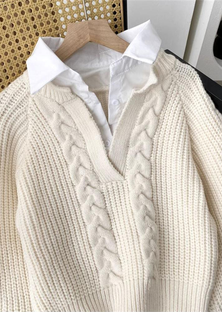 Beige Patchwork Knit Short Sweater Peter Pan Collar Spring