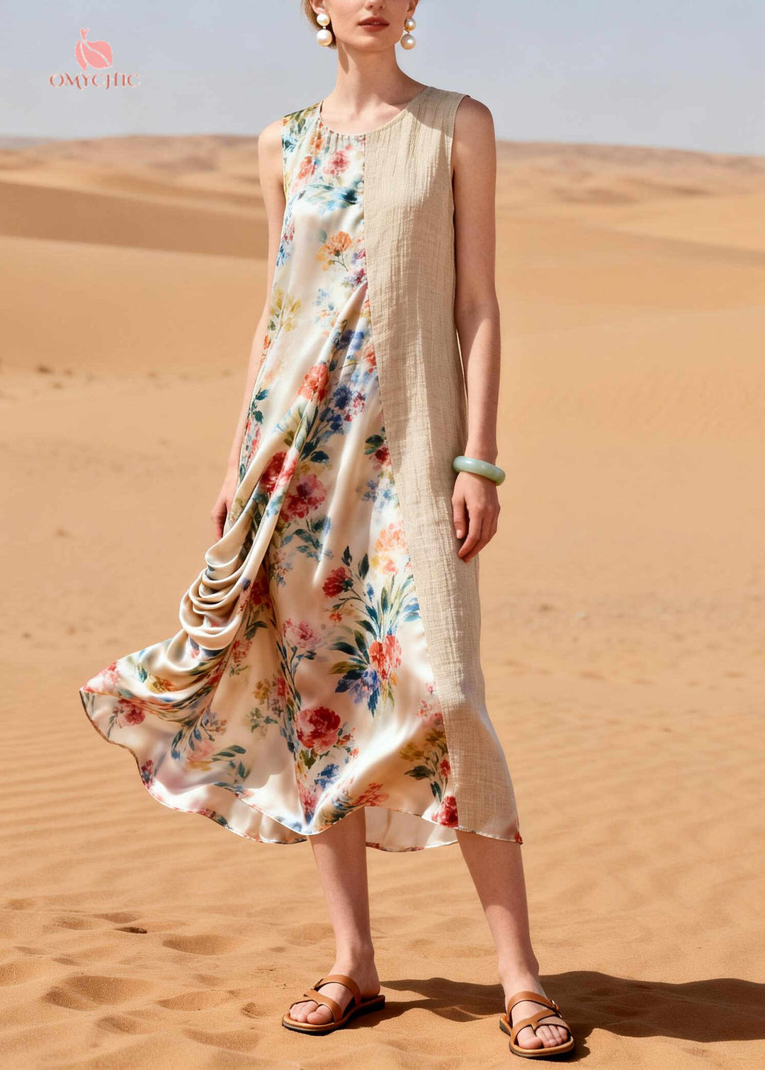 Beige Patchwork Linen Silk Dresses Asymmetrical Wrinkled Summer