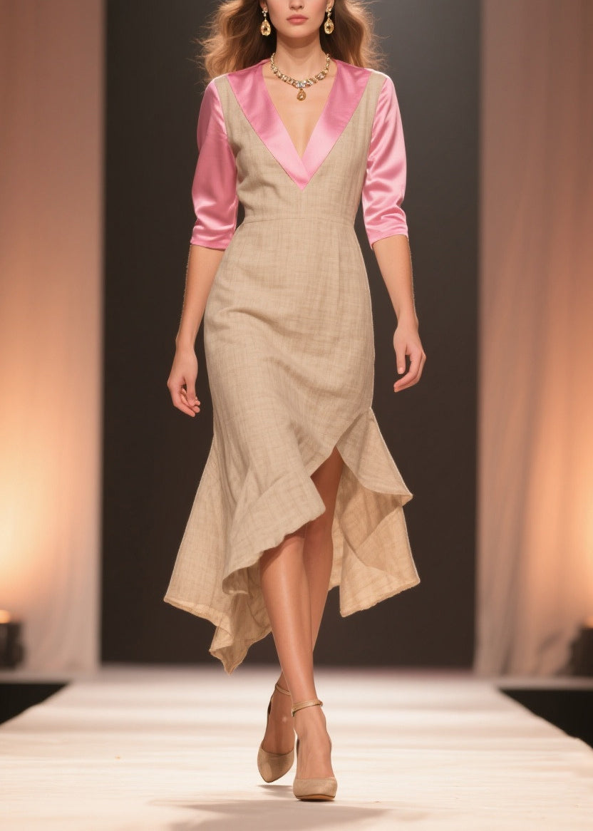 Beige Patchwork Linen Silk Dresses Ruffled Side Open Summer