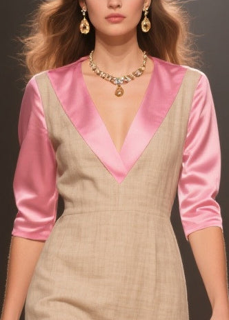 Beige Patchwork Linen Silk Dresses Ruffled Side Open Summer