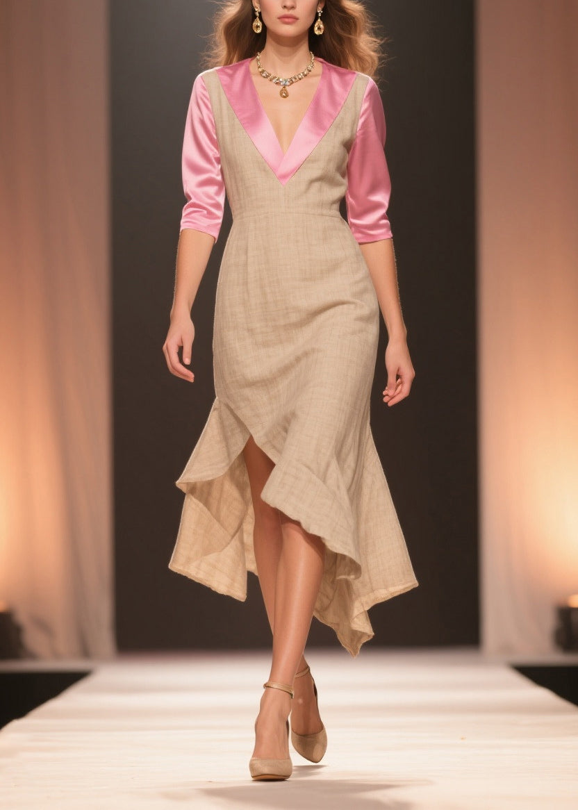 Beige Patchwork Linen Silk Dresses Ruffled Side Open Summer