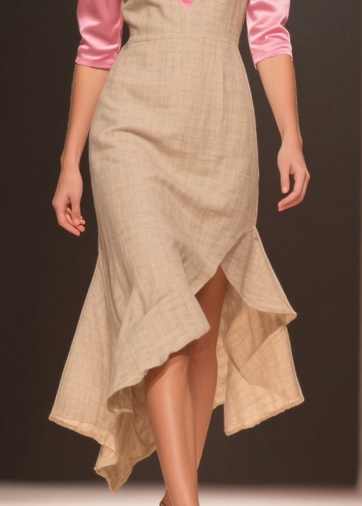 Beige Patchwork Linen Silk Dresses Ruffled Side Open Summer