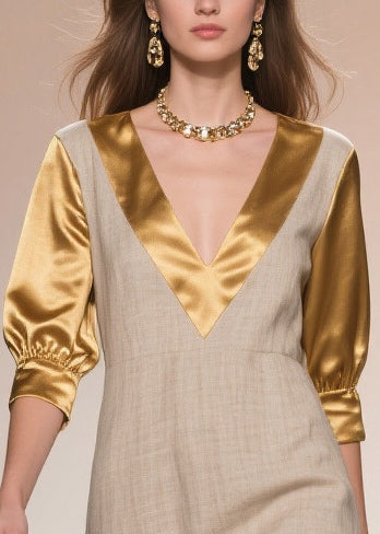 Beige Patchwork Linen Silk Fake Two Piece Dress Ruffles Summer