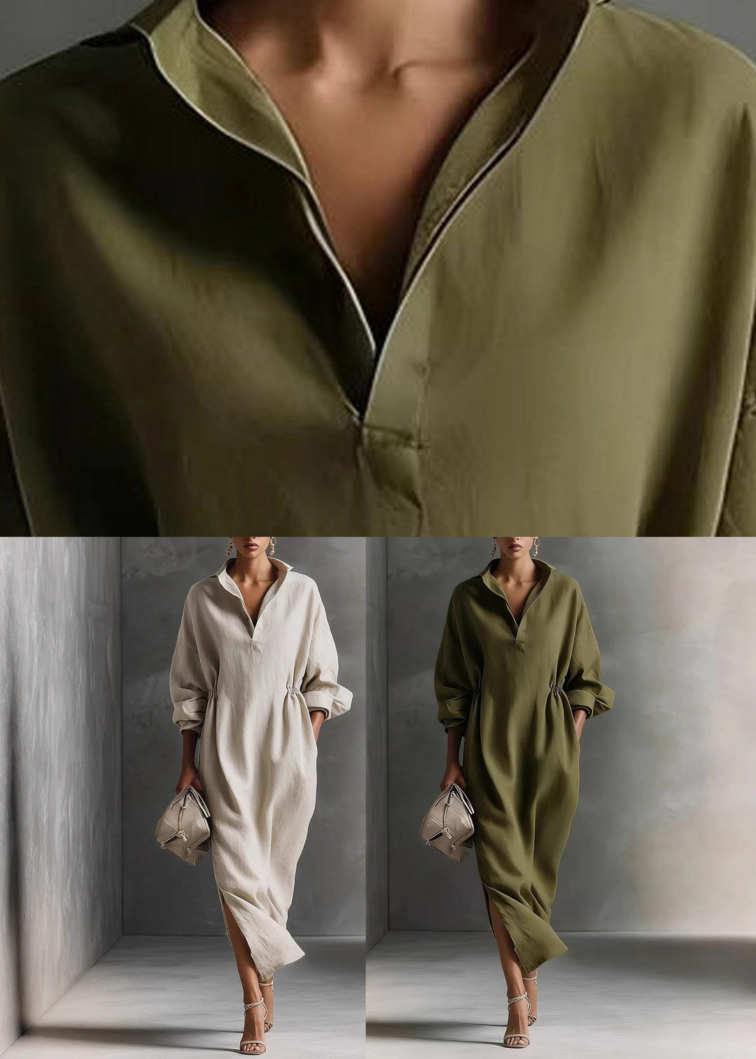 Beige Patchwork Side Open Long Dress Long Sleeve